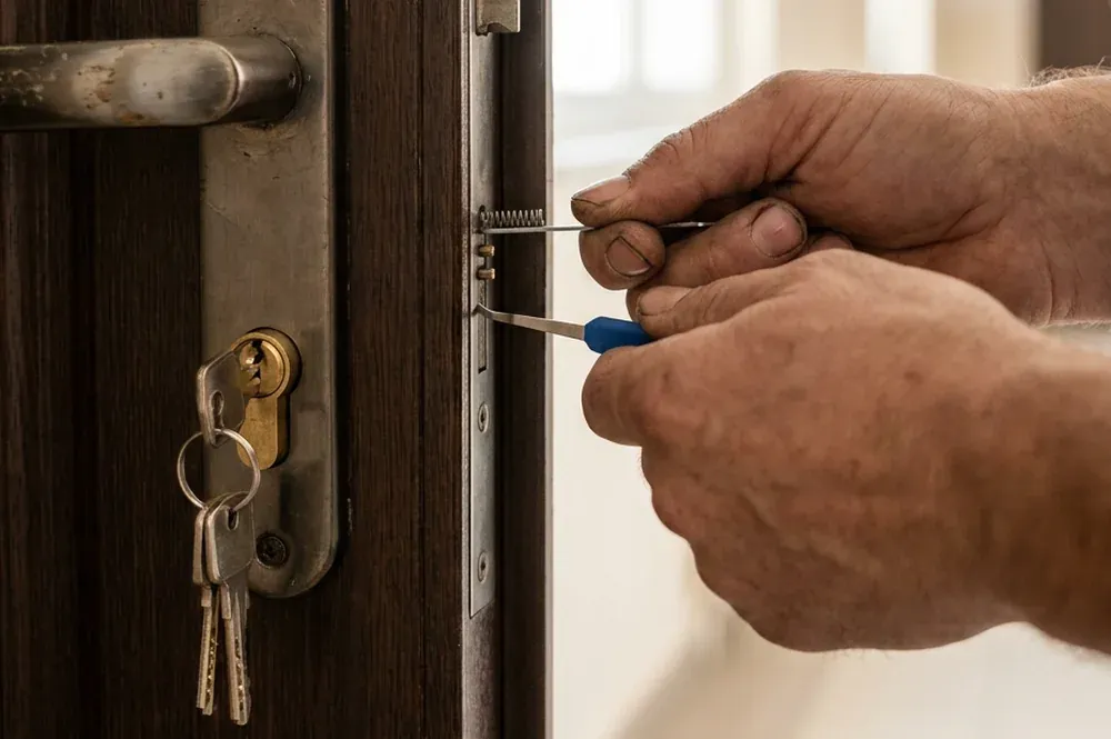 Fabbro al lavoro sulla serratura di una porta blindata