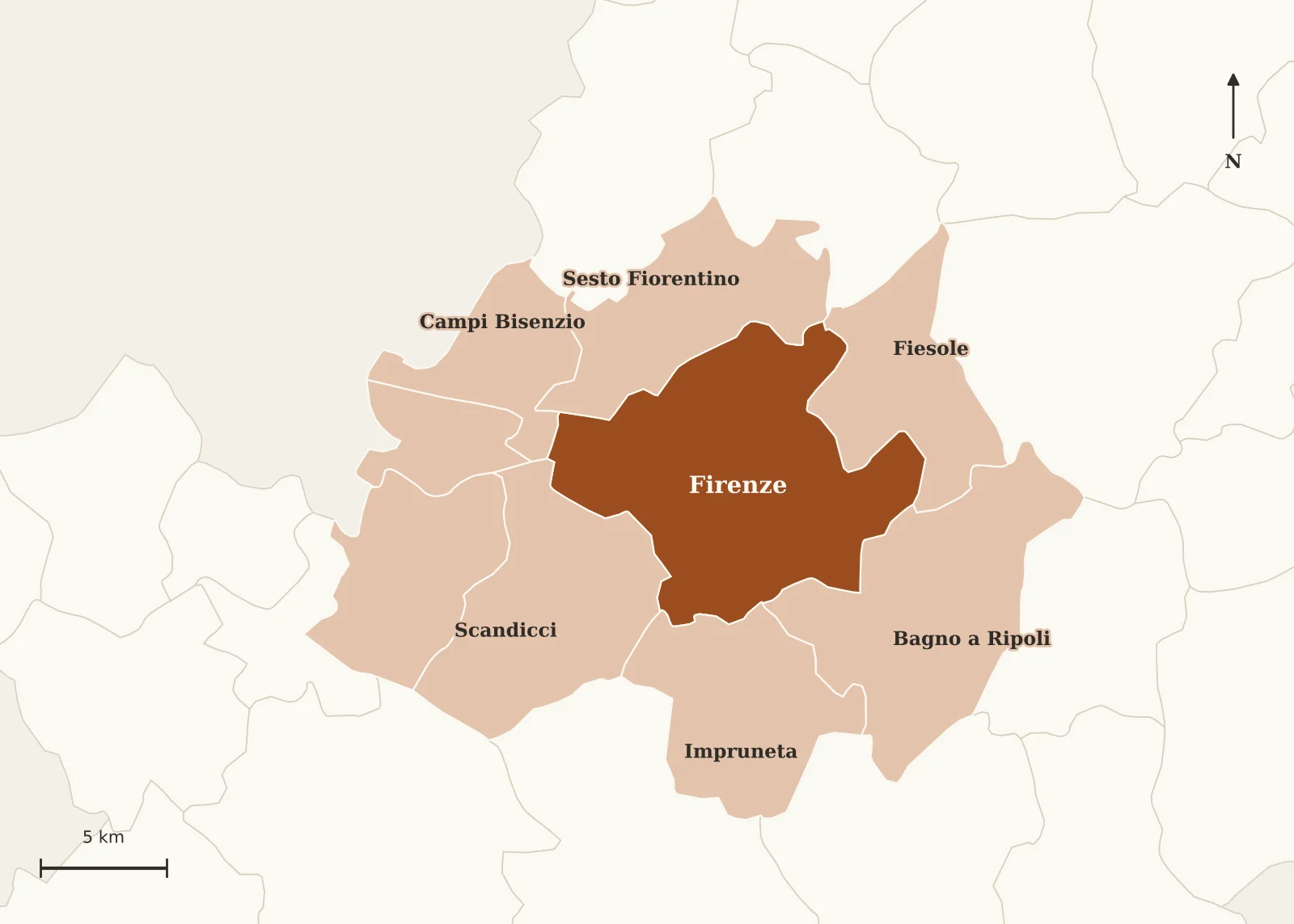 Mappa illustrativa delle zone servite intorno a Firenze: Firenze, Sesto Fiorentino, Scandicci, Campi Bisenzio, Bagno a Ripoli, Fiesole e Impruneta